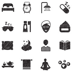 Sleeping Routine Icons. Black Scribble Design. Vector Illustration.
