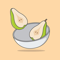 Bowl Of Green Pear Slices Cartoon Vector Illustration. Pear Fruit Flat Icon Outline