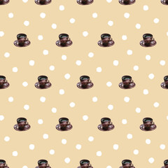 Brown ceramic coffee cups and white uneven polka dot on beige background. Watercolor seamless pattern. For textile, gift wrap, wallpaper, stationery and packaging design