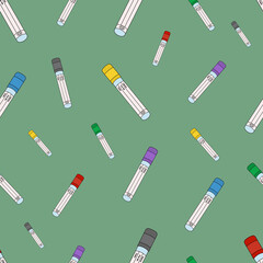 Test tubes. Empty vacuum test tubes for examining patients' blood tests. Seamless vector pattern. Infinitely repeating medical ornament. Isolated green background. Lids in different colors. Tube info.