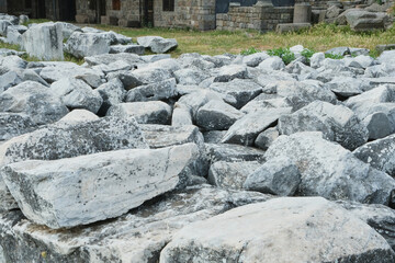 Selective Focus Broken Ancient White Rock Ruins With Stone Historic Building in Acropolis