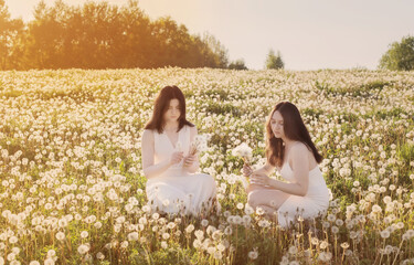 two young beautiful girls on meadow with dandelions at sunset