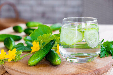 Glass with cucumber water on wooden board with fresh cucumbers around. Homemade lemonade of fresh cucumbers for summer refreshment, diet and detox.