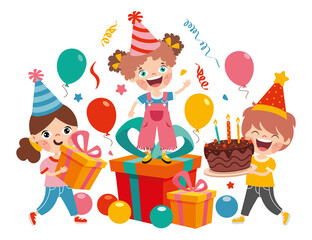 Cartoon Kids Celebrating Birthday Party