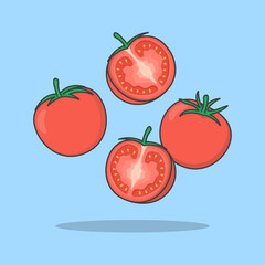 Tomato Cartoon Vector Illustration. Falling Sliced Tomato Flat Icon Outline. Flying Tomato