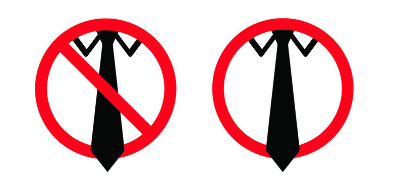 Stop no tie. Cartoon vector necktie prohibition. Red circle, No business style of dress ban. Dress code. Danger of strangulation, warning and risk of strangulation when wearing ties, pendants, scarves