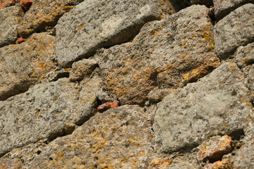 Selective Focus and CloseUp Grunge Stone Wall,  Cross Angle Old Bricks Isolated