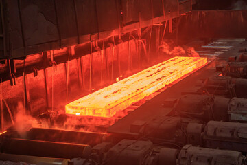 Hot red steel billet on rolling mill.