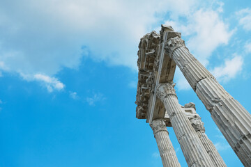 Selective Focus Pergamon Acropolis, Turkish Museums with Text Place. Down or Bottom View