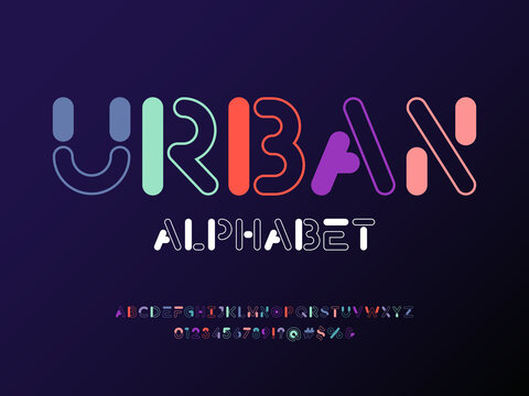 Colorful trendy style alphabet design with uppercase, numbers and symbols