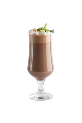 A grass of chocolate frappe with whipped cream and marshmallow isolated on a white background