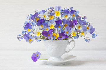 A bouquet of blue, violet, yellow pansies viola, forget me not flowers in a cup and saucer on a white table against the wall. Romantic postcard, blur, selective focus.