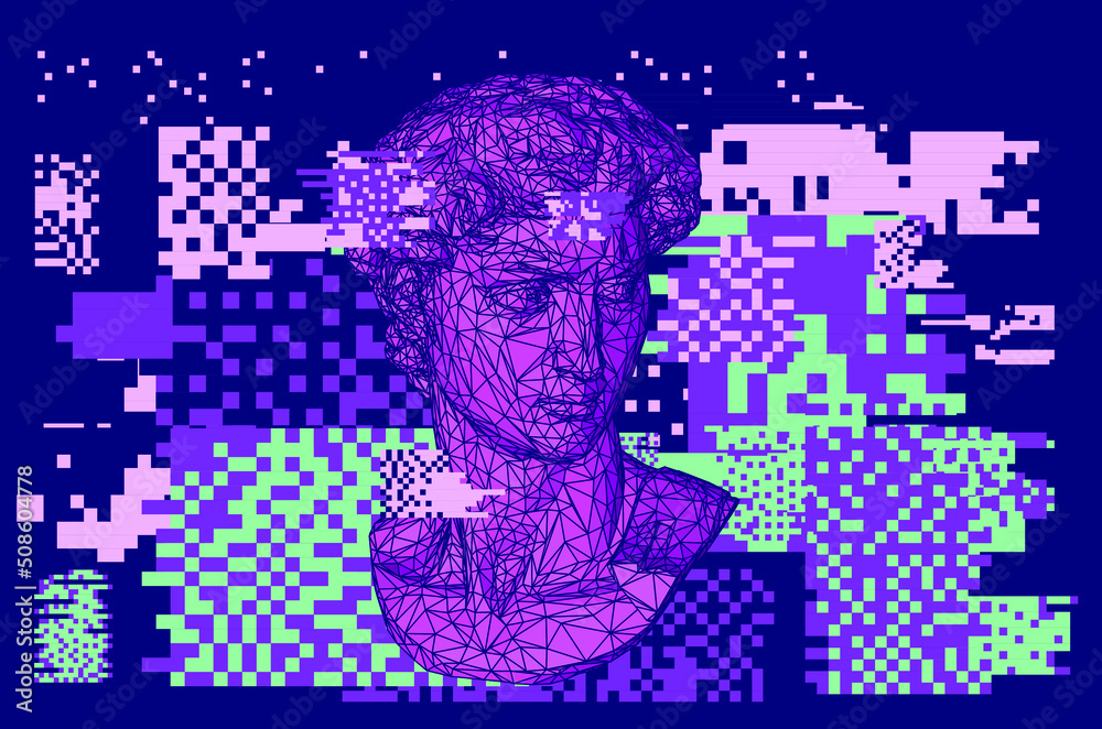 Poster 3d low-poly model of sculpture head on glitched and pixelated background. artsy futuristic image for