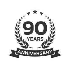90 years anniversary laurel wreath logo or icon. Jubilee, birthday badge, label or emblem. 90th celebration design element. Vector illustration.