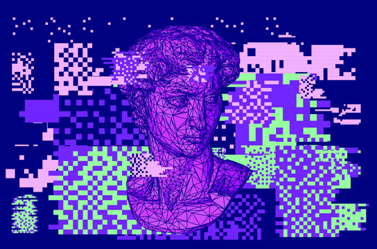 3D low-poly model of sculpture head on glitched and pixelated background. Artsy futuristic image for cover, poster and print.