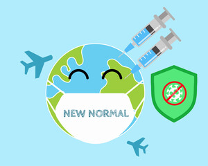 Two  syringes of covid-19 vaccine with earth and two planes. Cartoon vector style for your style.