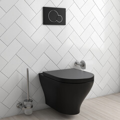 Bathroom interior. Black wall-mounted toilet with flush button and matching accessories - toilet paper holder and toilet brush. White ceramic tiles. 3d render illustration