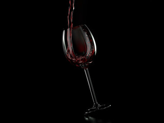 Red wine pouring in a glass. On black background. 3d render illustration