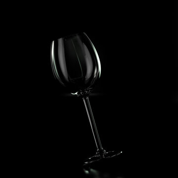 Wine glass. Transparent tilted empty glass on black background. 3d render illustration
