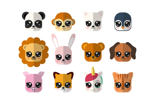 Set of Cute Animals Face Illustration. The set consists of twelve cute kawaii faces. Funny animal character used for children book, poster, card, invitation. Vector illustration. 