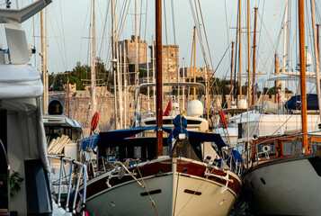 Forest of masts in bodrum marina and the castle of St. Peter in the background
