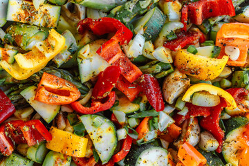 Grilled colorful vegetable bell pepper, zucchini, eggplant background. Vegan, seasonal, summer eating concept.