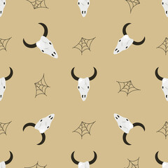 Seamless pattern with spider web and animal skull, Halloween design.