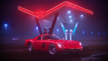 Neon gas station and retro car. Vintage cyberpunk auto. Fog rain and night. Color vibrant reflections on asphalt. Ferrari 250 GTO. 3D illustration.