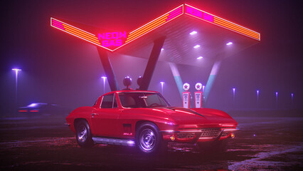 Neon gas station and retro car. Vintage cyberpunk auto. Fog rain and night. Color vibrant reflections on asphalt. Chevrolet Corvette Sting Ray. 3D illustration. - obrazy, fototapety, plakaty