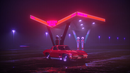 Neon gas station and retro car. Vintage cyberpunk auto. Fog rain and night. Color vibrant reflections on asphalt. Chevrolet Corvette Sting Ray. 3D illustration.