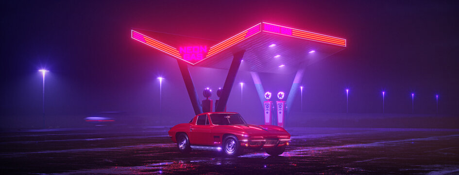 Neon Gas Station And Retro Car. Vintage Cyberpunk Auto. Fog Rain And Night. Color Vibrant Reflections On Asphalt. Chevrolet Corvette Sting Ray. 3D Illustration.