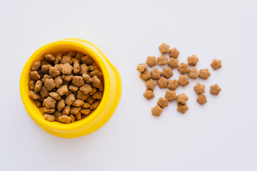 top view of dry and crunchy pet food near bowl isolated on white.