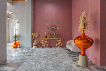 interior of a large apartment in oriental mixed with loft style with arches, led lighting and...