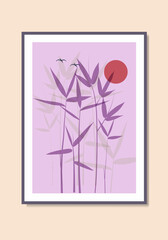 Abstract bamboo leaves and tree flat minimalist moonlight and sun room décor natural poster wall art illustration