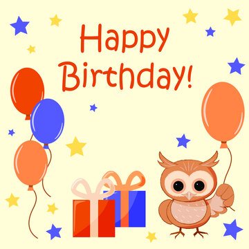 Cute owlet has a birthday with colored balloons and gifts.