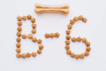 flat lay of word made of dry pet food near bone shaped pet treat isolated on white.