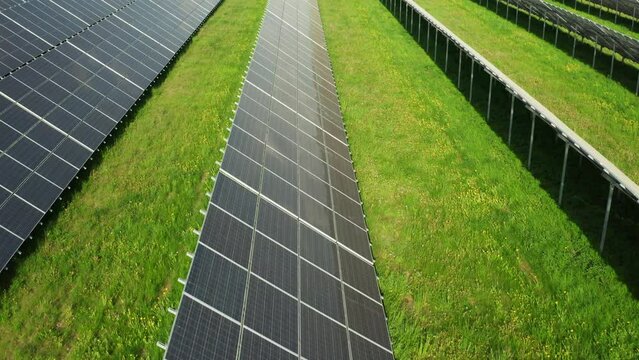 Modern sun panels built on lush green grass of rural field at eco-friendly station. Photovoltaic solar cells in rows generate clean energy aerial view