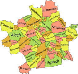 Pastel flat vector administrative map of ERFURT, GERMANY with name tags and black border lines of its districts