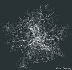 Detailed negative navigation white lines urban street roads map of the German regional capital city of ERFURT, GERMANY on dark gray background