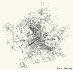 Detailed navigation black lines urban street roads map of the German regional capital city of ERFURT, GERMANY on vintage beige background