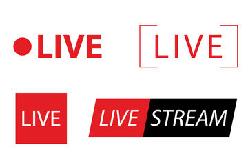 Set of live streaming icons. Online channel, live event stickers isolated. Red symbols and buttons of live streaming, broadcasting, online stream.