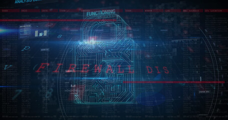 Image of warning data processing, online security padlock and circuit board