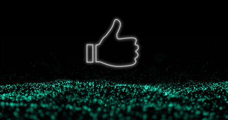 Image of thumbs up glowing grey icon over digital wave moving on black background