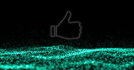 Image of thumbs up glowing grey icon over digital wave moving on black background