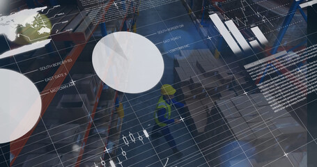 Image of graphs and financial data over caucasian male warehouse workers