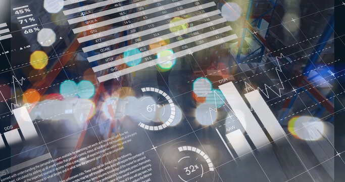 Image of graphs and financial data over caucasian male warehouse workers - Powered by Adobe