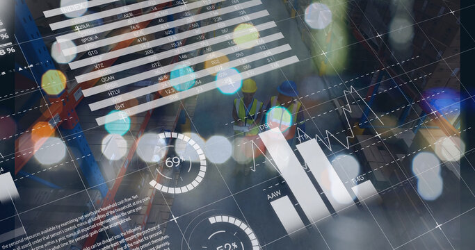 Image of graphs and financial data over caucasian male warehouse workers