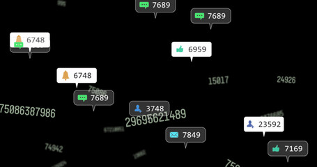 Image of social media icons, numbers and text moving on black background