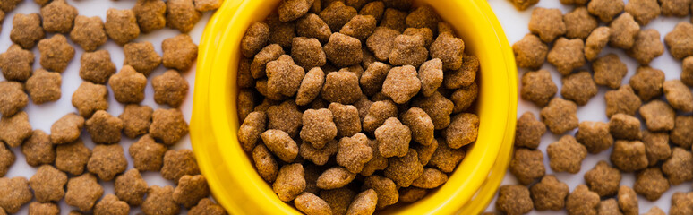 top view of dry pet food in plastic yellow bowl, banner.