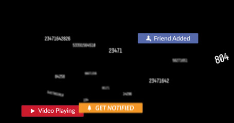 Image of social media icons, numbers and text on black background